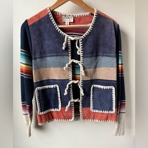 COLLAGE VTG Suede Knit Striped Cardigan Tie Patchwork Boho‎ Festival Southwest L